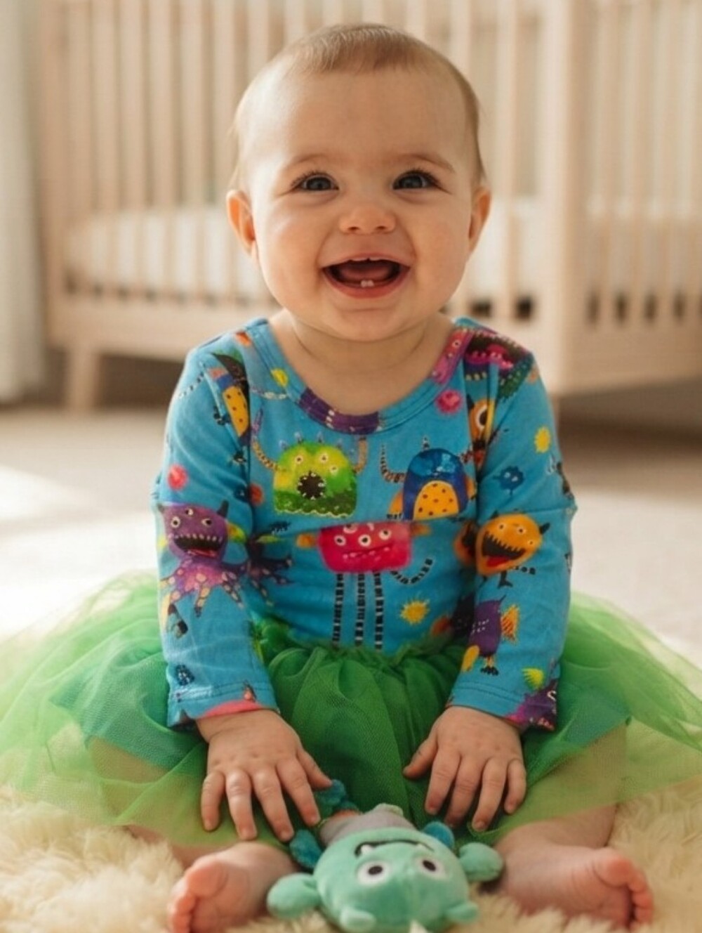 Muse Threads 6-12M - Blue Monster Print Tutu Dress for - Green Tulle Skirt